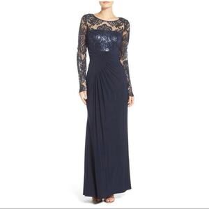 Eliza J Navy Blue Draped Sleeve Sequin Gown Formal Dress
